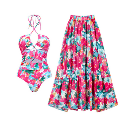 Halter Printed Swimwear & Umbrella Skirt