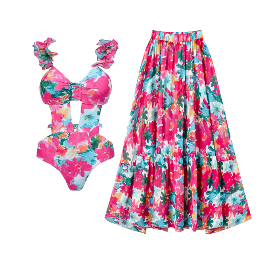 Halter Printed Swimwear & Umbrella Skirt