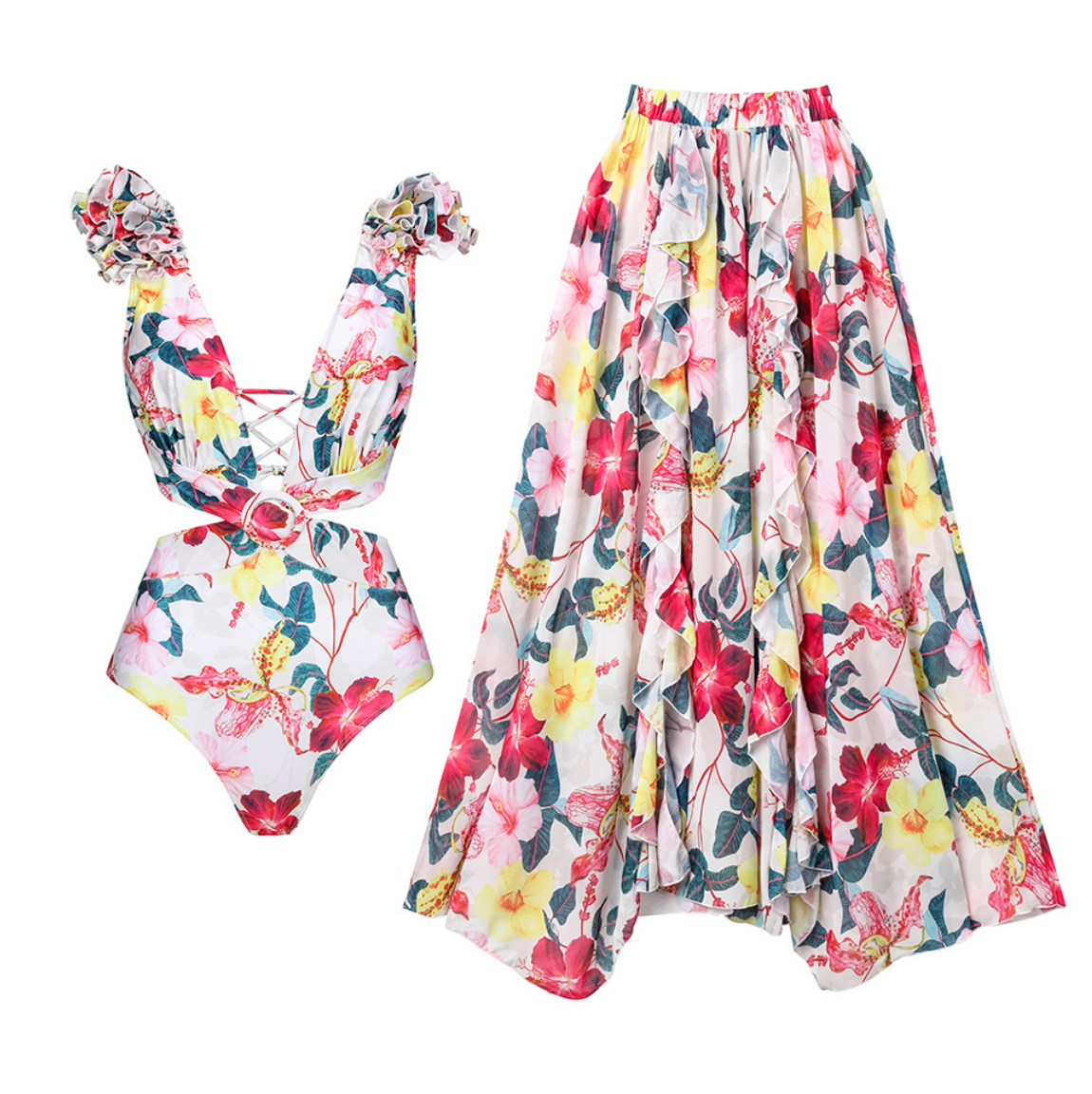 3D Flower Printed Swimwear & Umbrella Skirt