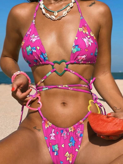 Chic Lace-up Cartoon Printed Bikini