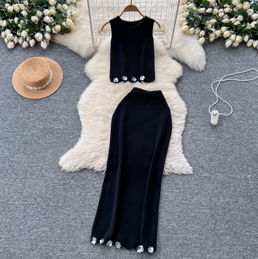 Sequined Flower Camisole & Skirt Knit 2Pcs