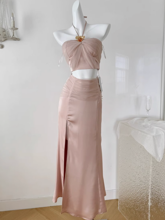 Bow-tie Mesh Top & Fishtail Skirt 2Pcs