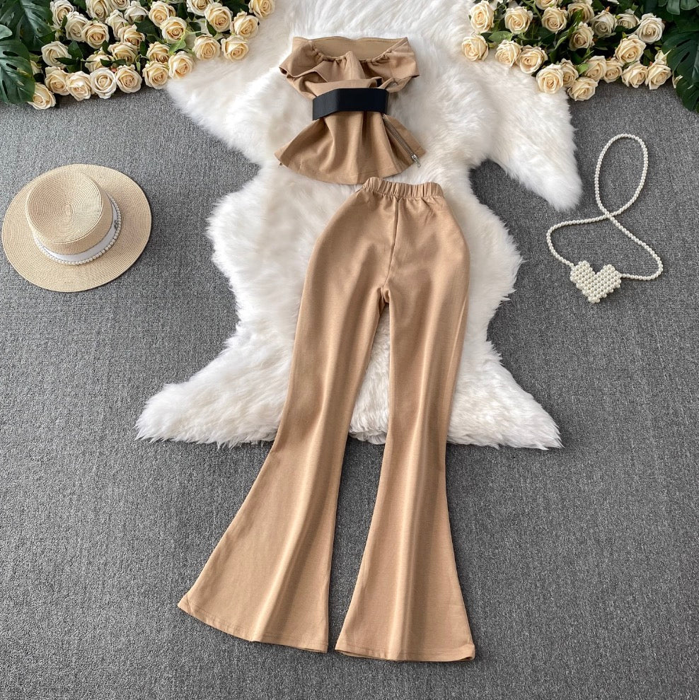 Off-shoulder Top & Flared Trousers 2Pcs