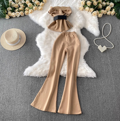 Off-shoulder Top & Flared Trousers 2Pcs