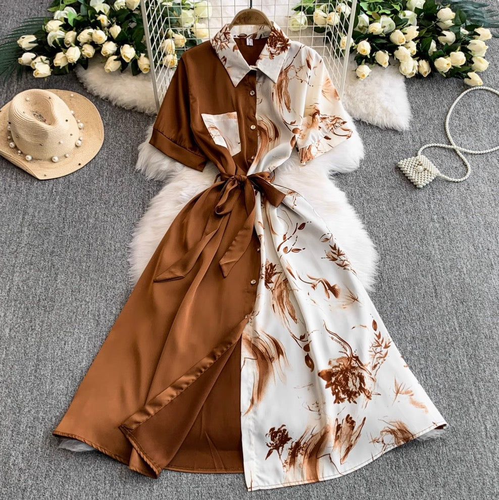 Vintage Printed A-line Shirt Dress