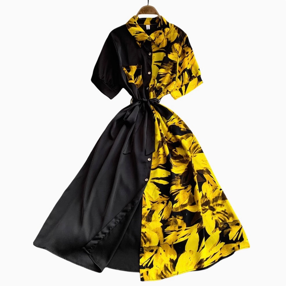 Vintage Printed A-line Shirt Dress