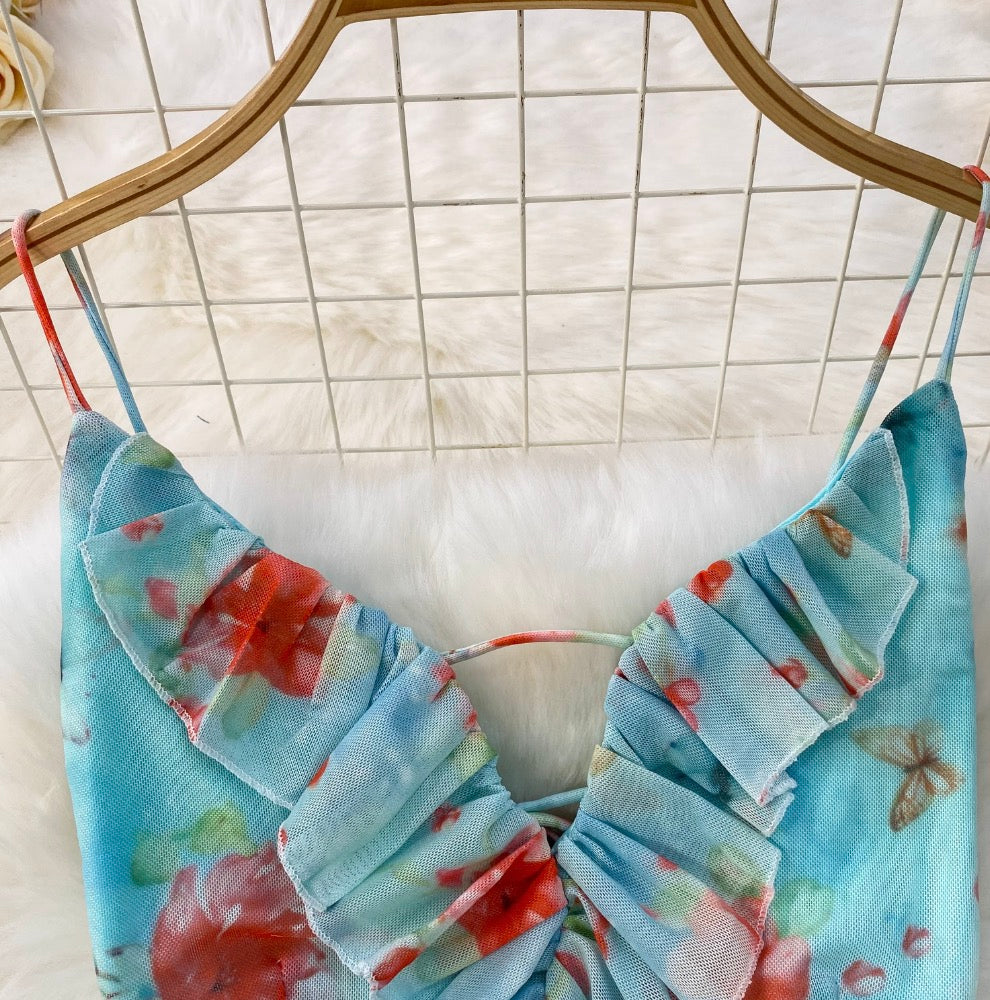 Lace-up Backless Printed Halter Dress