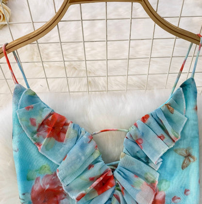 Lace-up Backless Printed Halter Dress