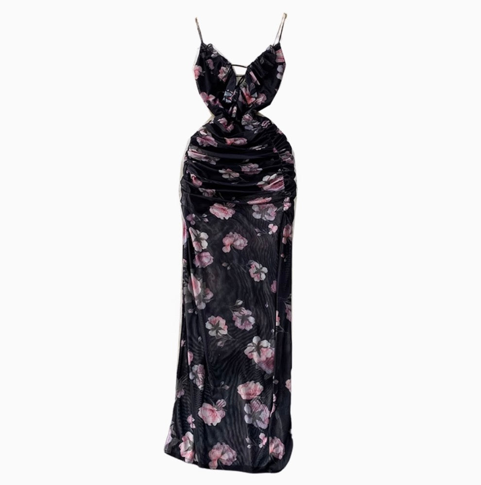 Lace-up Backless Printed Halter Dress