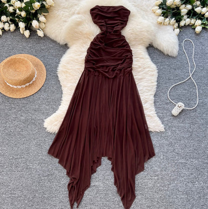 Niche Off-shoulder Pleated Coffee Dress