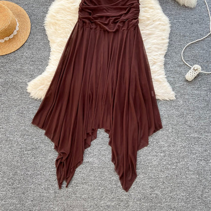 Niche Off-shoulder Pleated Coffee Dress