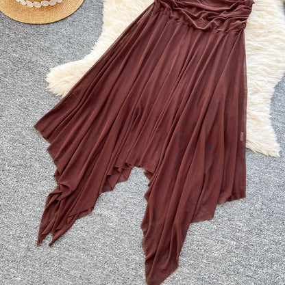 Niche Off-shoulder Pleated Coffee Dress