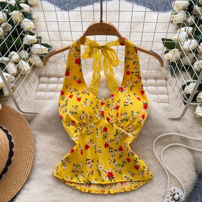 Sexy Spitzen-Neckholder-Top mit Blumenmuster