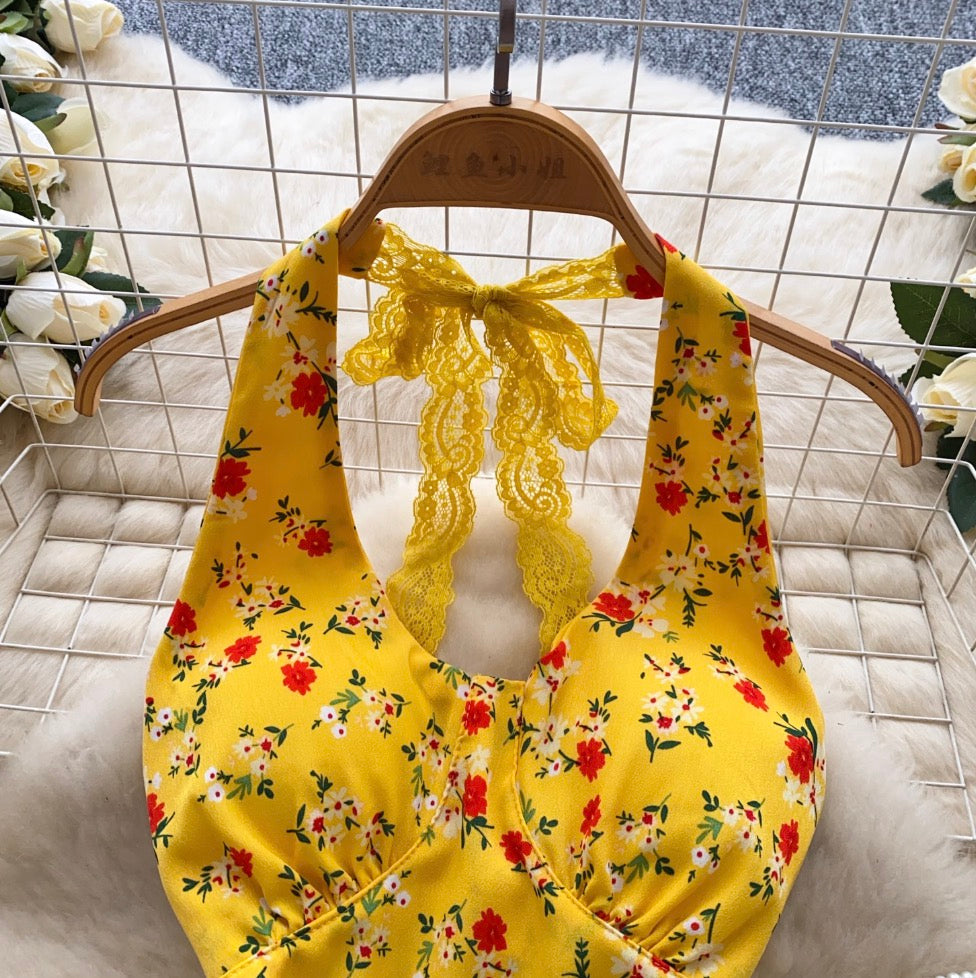 Sexy Spitzen-Neckholder-Top mit Blumenmuster