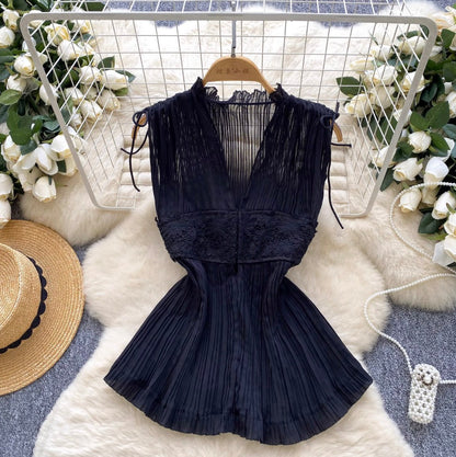 Korean Style V-neck Pleated Top