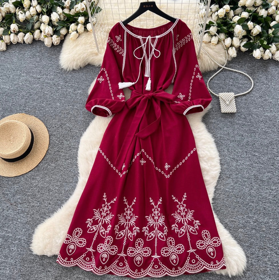Bohemian Embroidered Lace-up Dress
