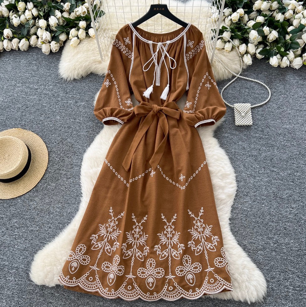 Bohemian Embroidered Lace-up Dress
