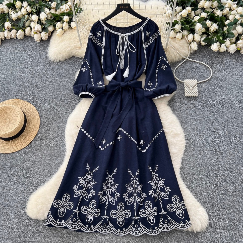 Bohemian Embroidered Lace-up Dress