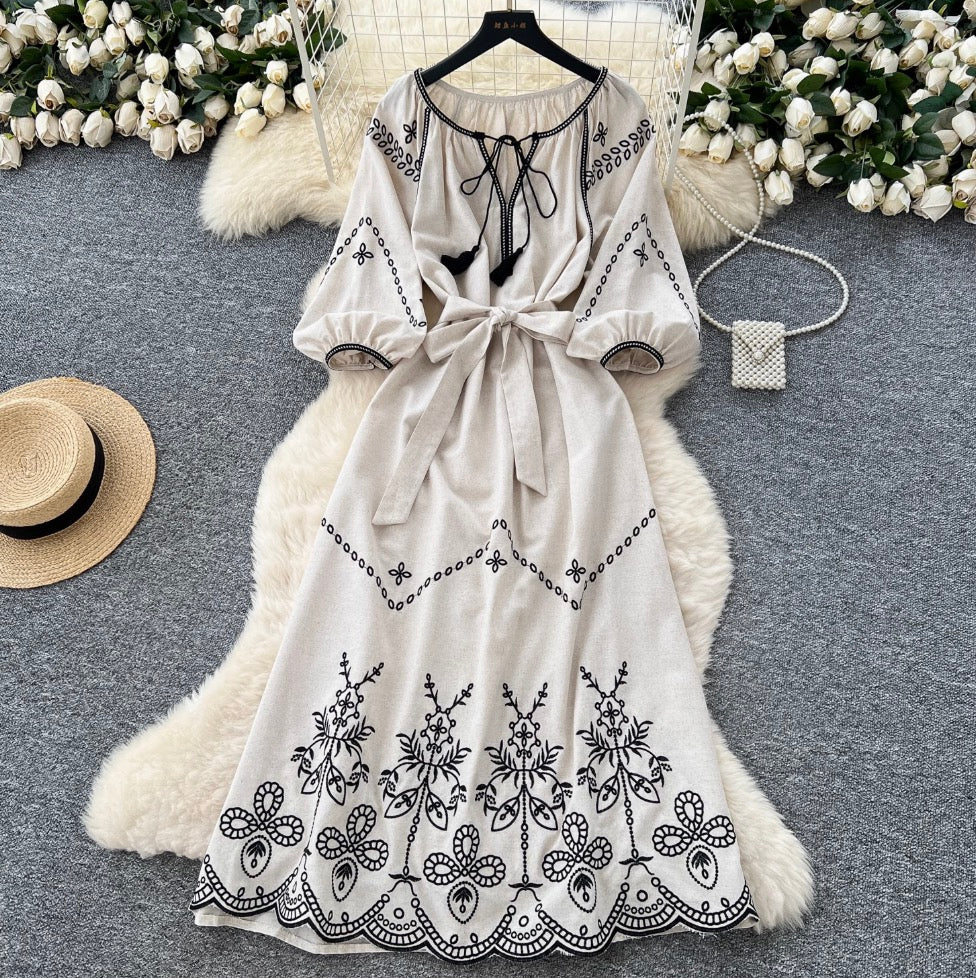 Bohemian Embroidered Lace-up Dress