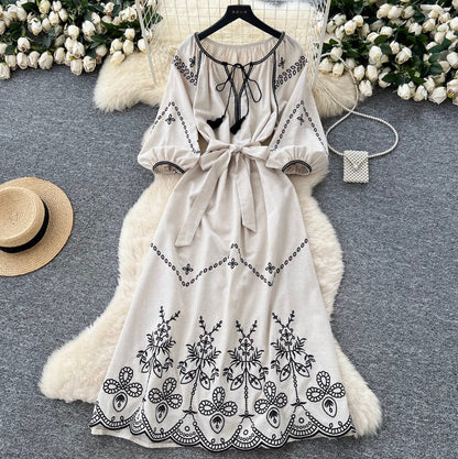 Bohemian Embroidered Lace-up Dress