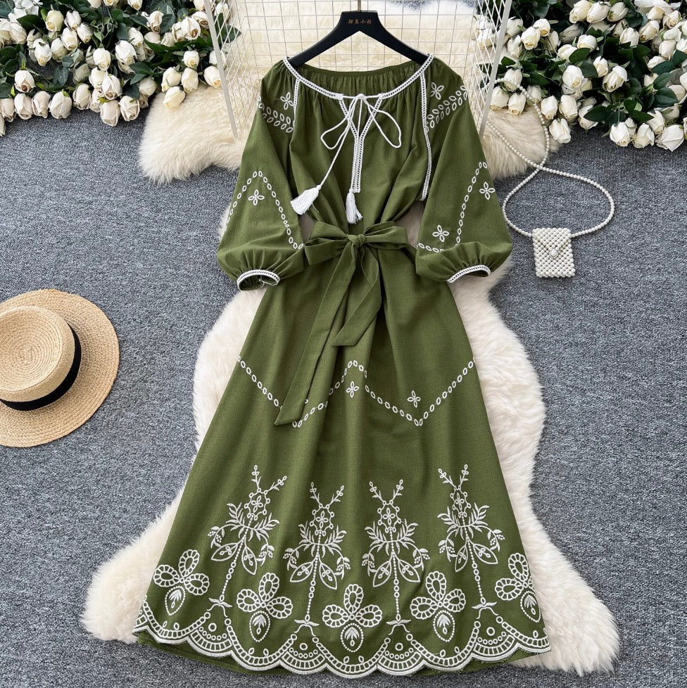 Bohemian Embroidered Lace-up Dress
