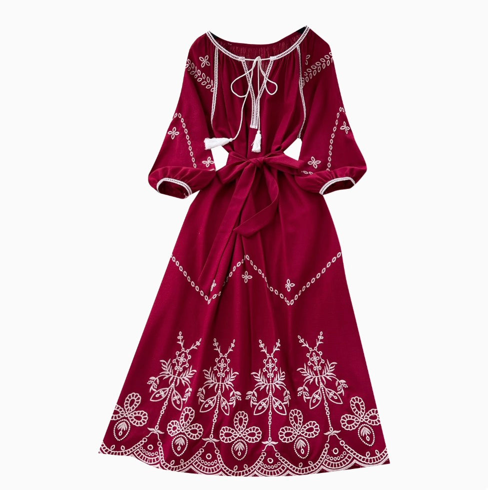 Bohemian Embroidered Lace-up Dress