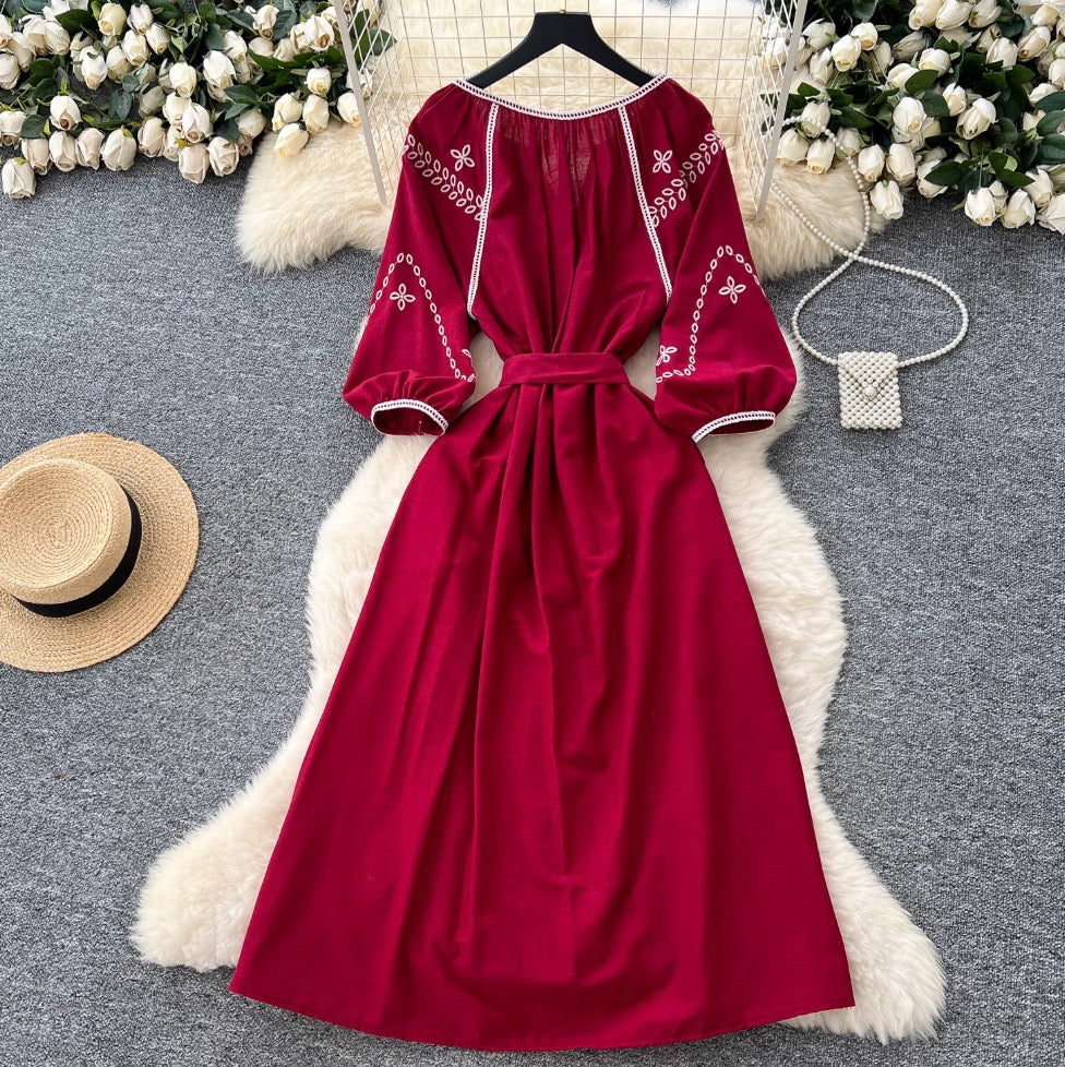 Bohemian Embroidered Lace-up Dress