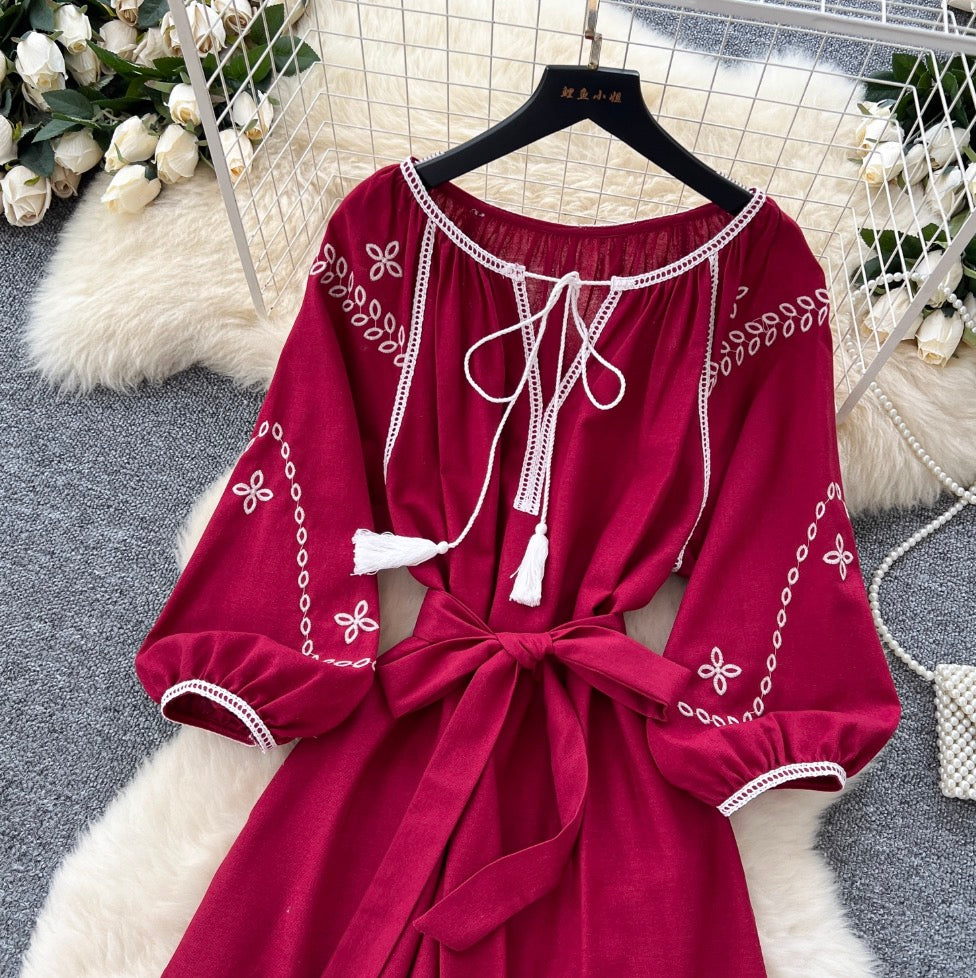 Bohemian Embroidered Lace-up Dress