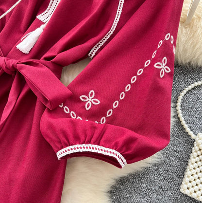 Bohemian Embroidered Lace-up Dress