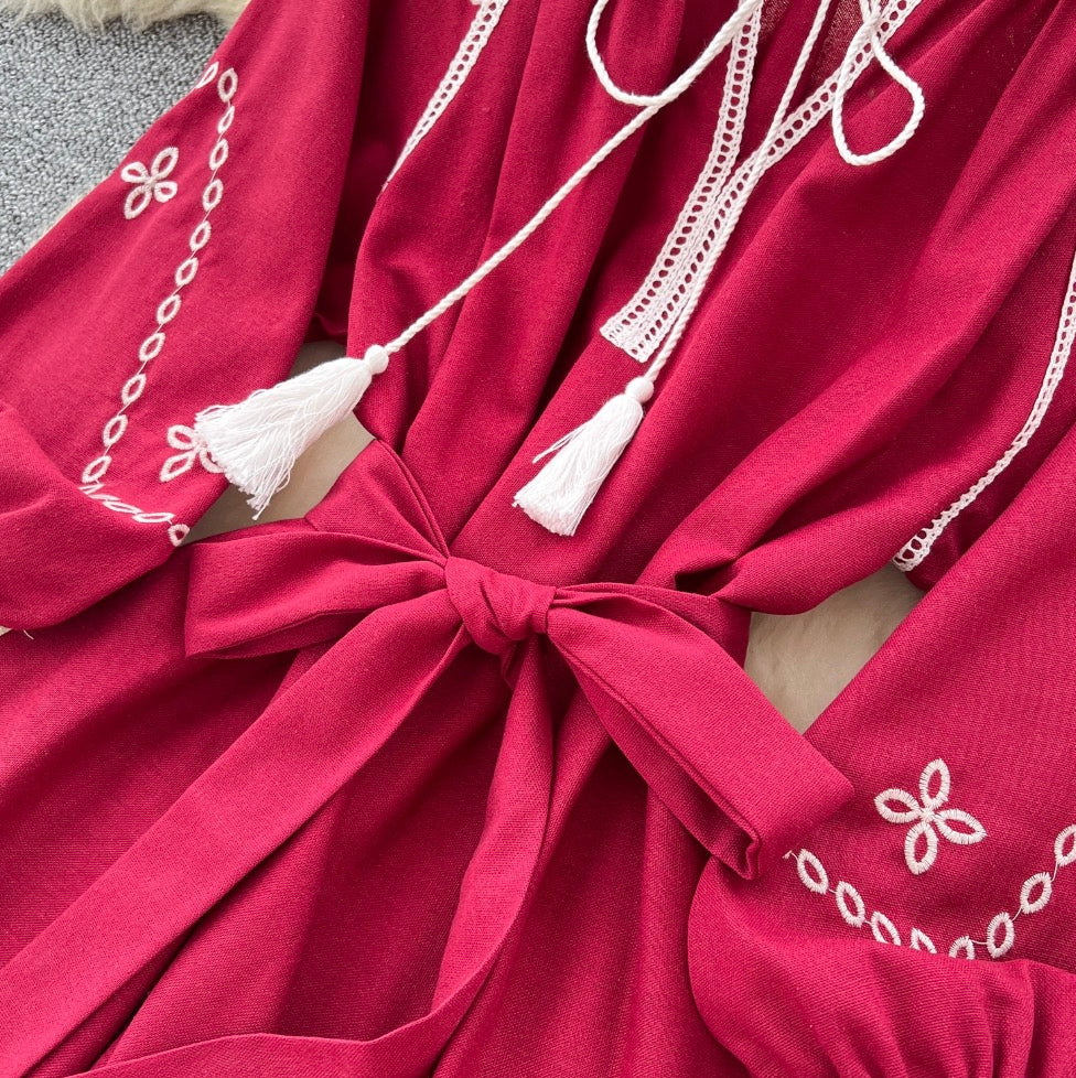 Bohemian Embroidered Lace-up Dress