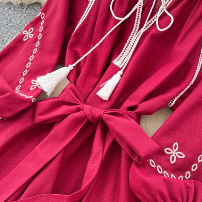Bohemian Embroidered Lace-up Dress