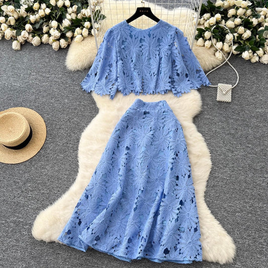 Hollowed Lace Top & Skirt 2Pcs