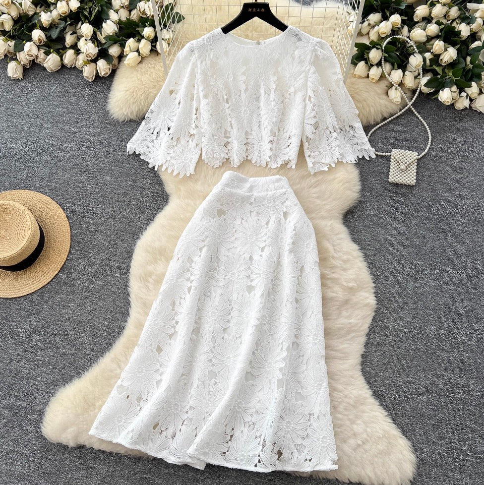 Hollowed Lace Top & Skirt 2Pcs