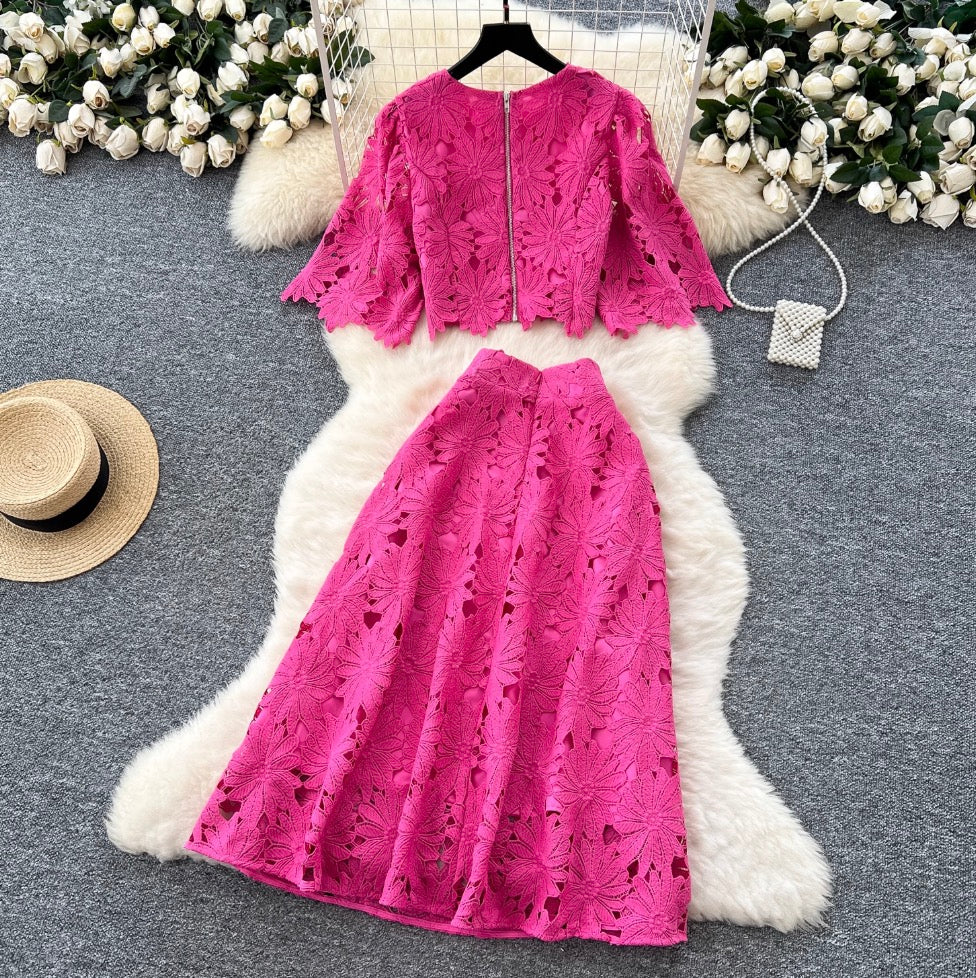 Hollowed Lace Top & Skirt 2Pcs