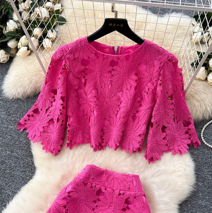 Hollowed Lace Top & Skirt 2Pcs
