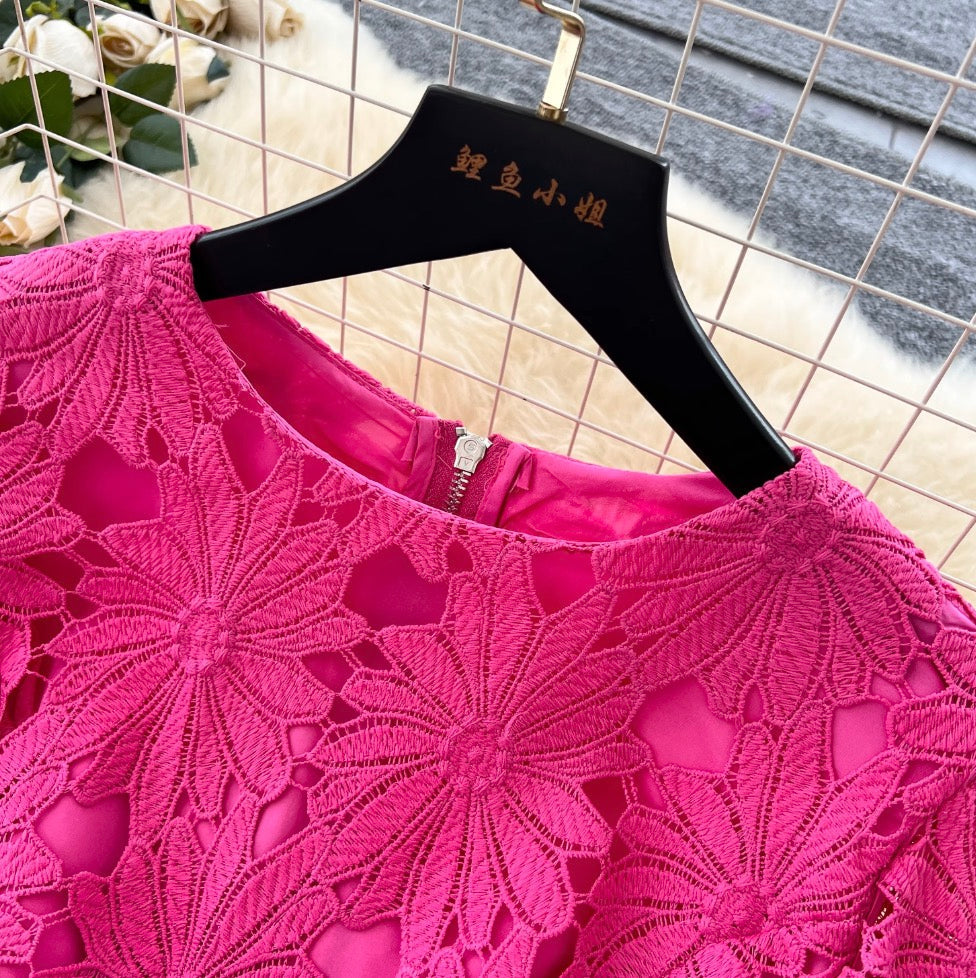 Hollowed Lace Top & Skirt 2Pcs