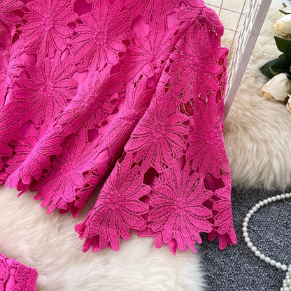 Hollowed Lace Top & Skirt 2Pcs