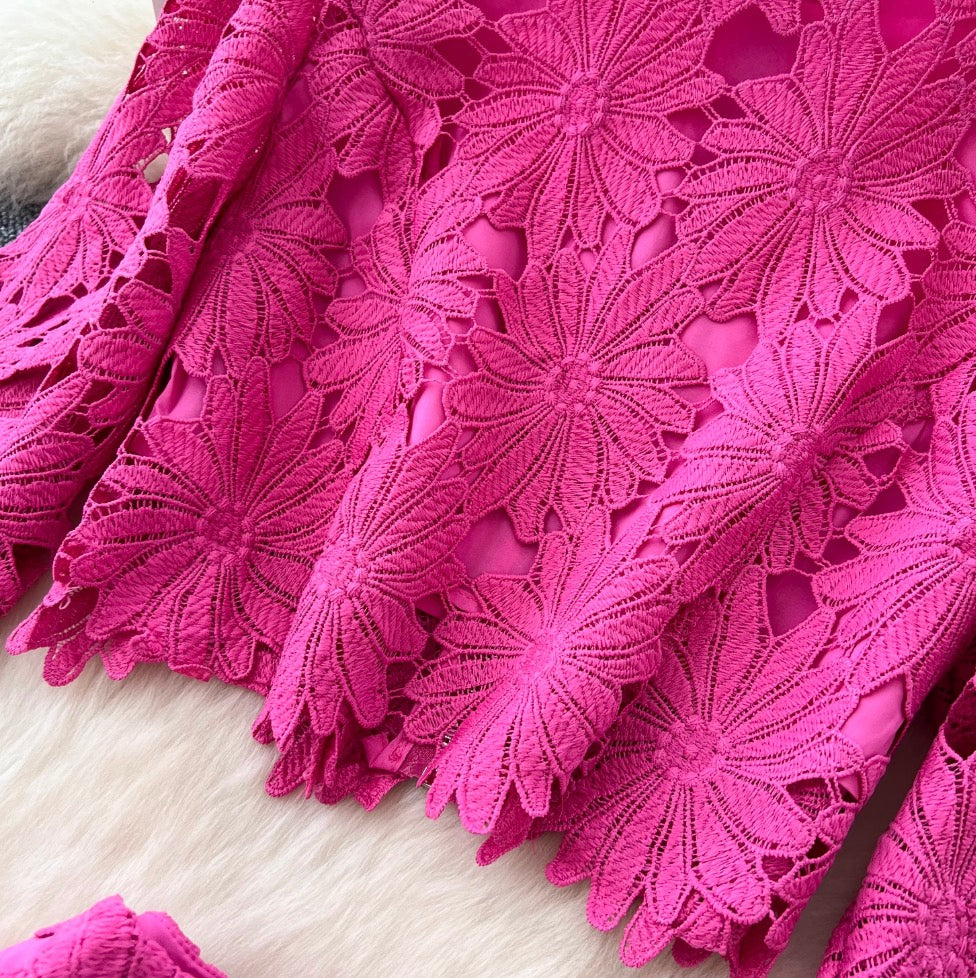 Hollowed Lace Top & Skirt 2Pcs