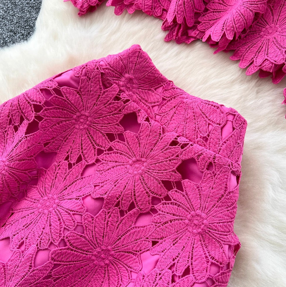 Hollowed Lace Top & Skirt 2Pcs