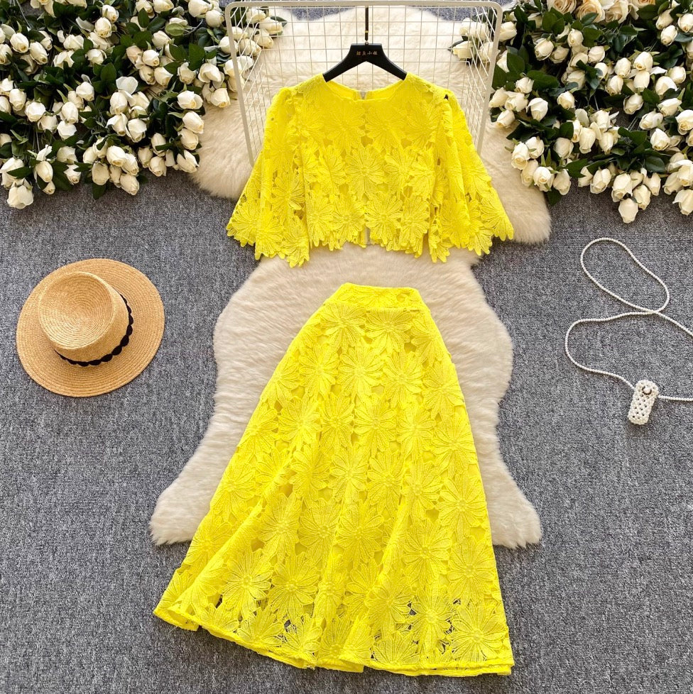 Hollowed Lace Top & Skirt 2Pcs