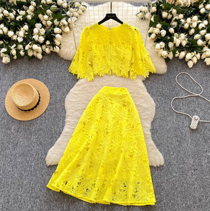 Hollowed Lace Top & Skirt 2Pcs