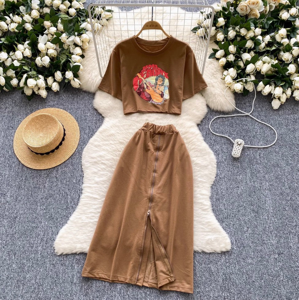 Painting Printed T-shirt & Split Skirt Set