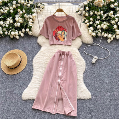 Painting Printed T-shirt & Split Skirt Set