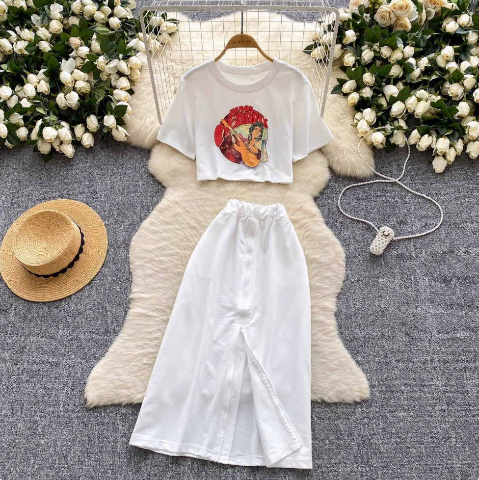 Painting Printed T-shirt & Split Skirt Set