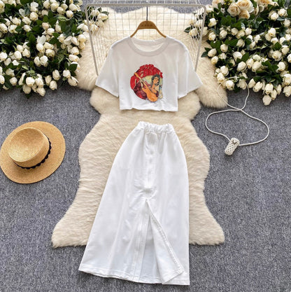 Painting Printed T-shirt & Split Skirt Set