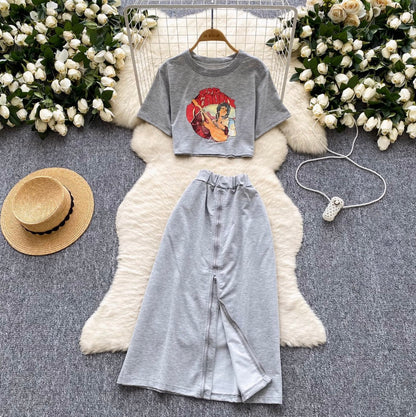 Painting Printed T-shirt & Split Skirt Set