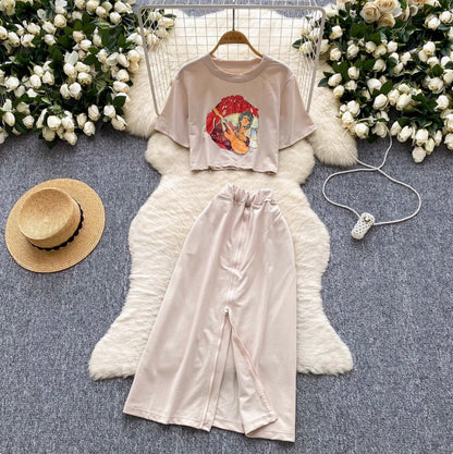 Painting Printed T-shirt & Split Skirt Set