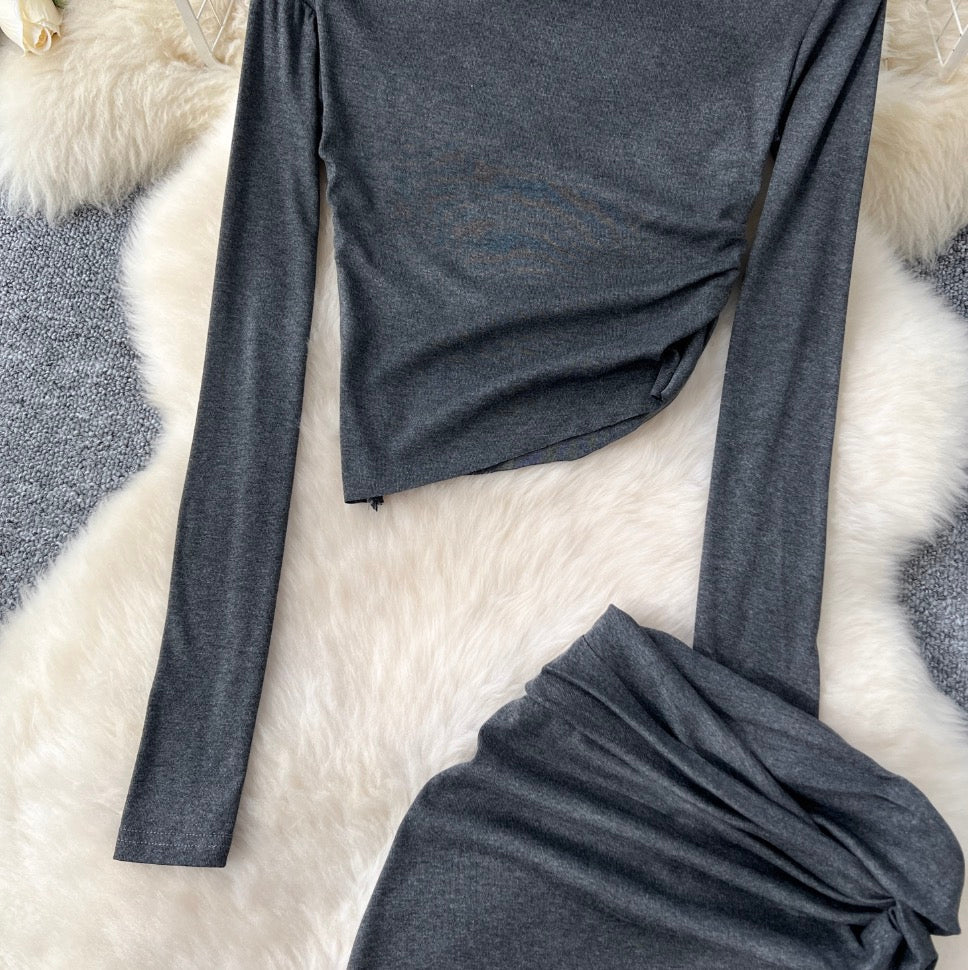Slant-neckline Shirt & Knotted Skirt 2Pcs