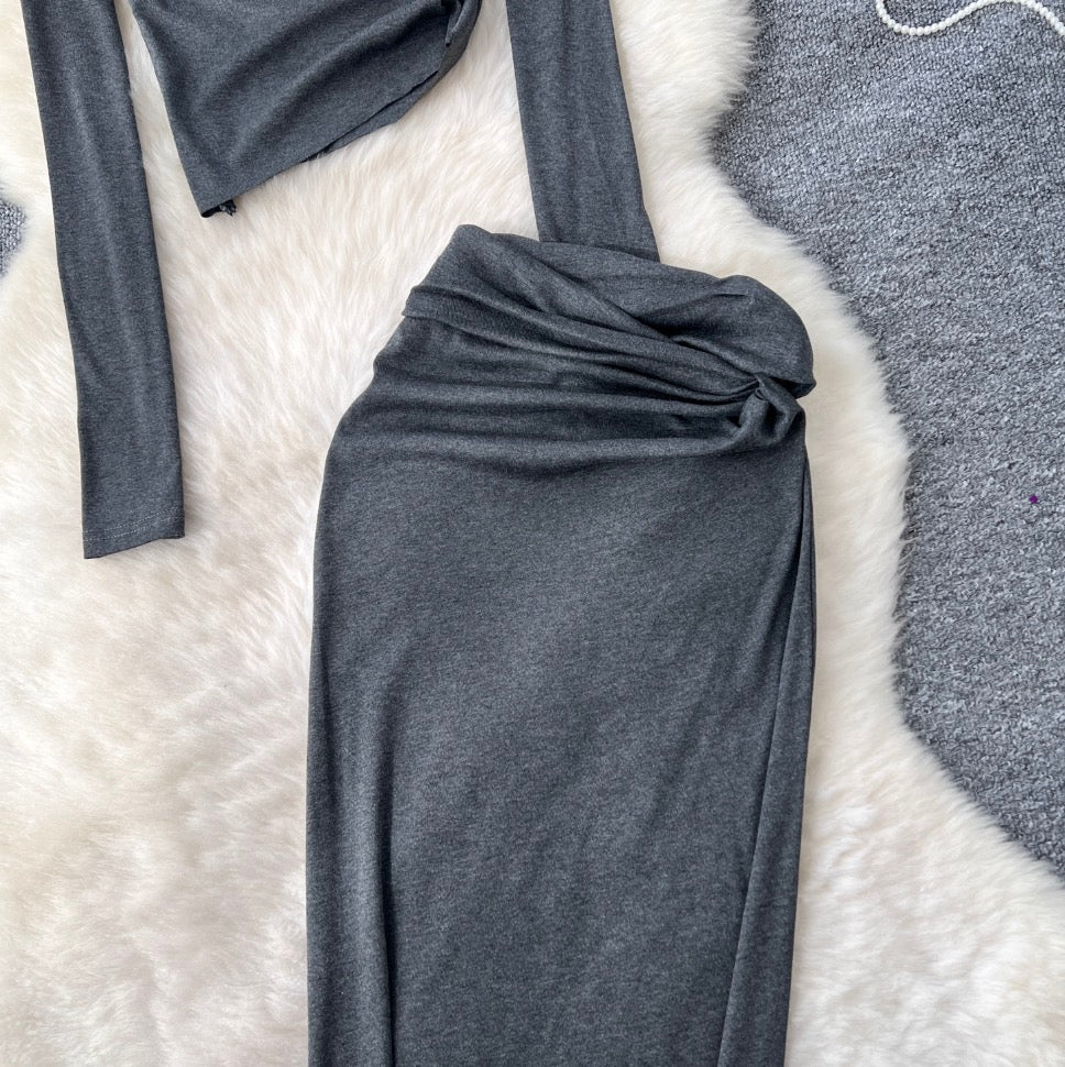 Slant-neckline Shirt & Knotted Skirt 2Pcs