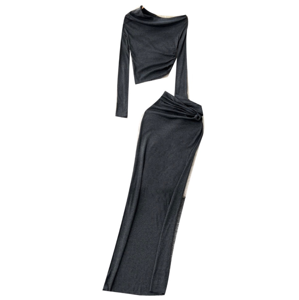 Slant-neckline Shirt & Knotted Skirt 2Pcs